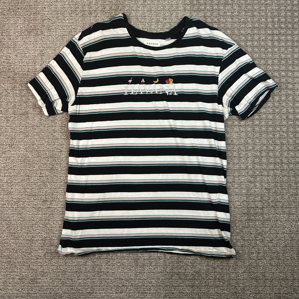 Y2K PacSun Mens Havana Tropical Embroidered Striped T-Shirt Black Pink Large